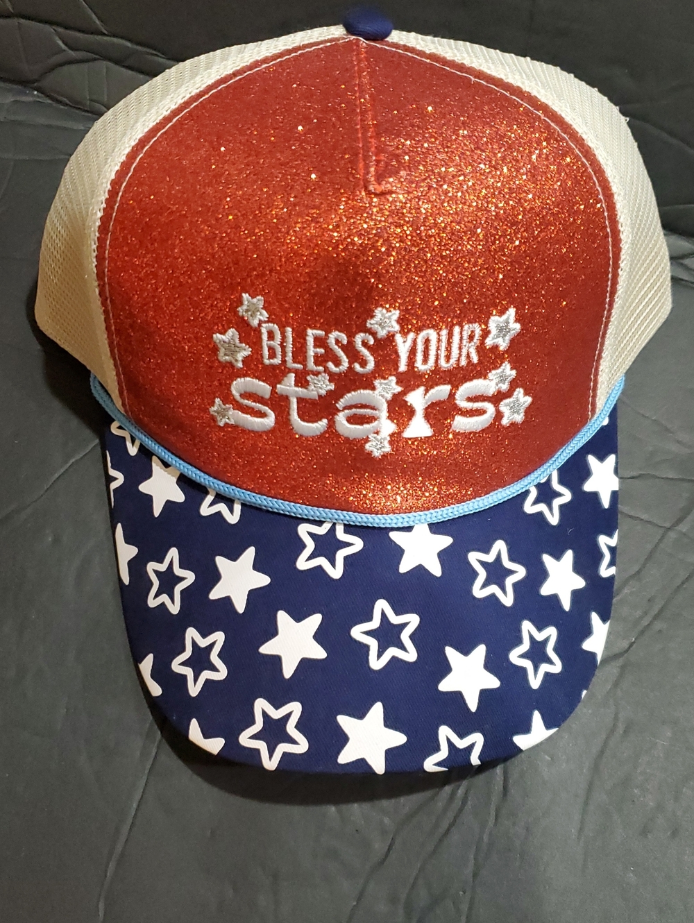 Patriotic‎ red shimmery "bless your stars" blue stars Trucker hat brand new